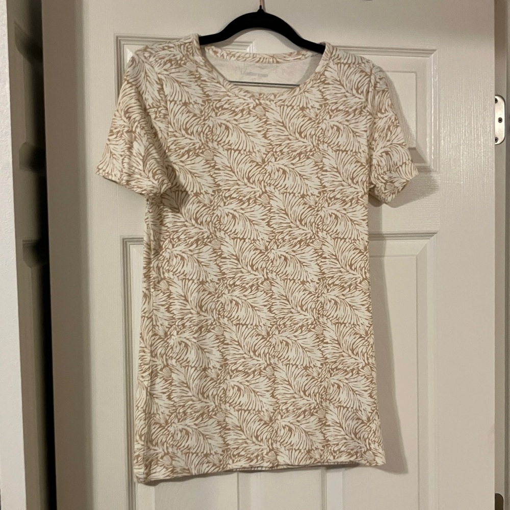 Lands' End Women's Short Sleeve Tee in Cream and Brown Leaf Pattern